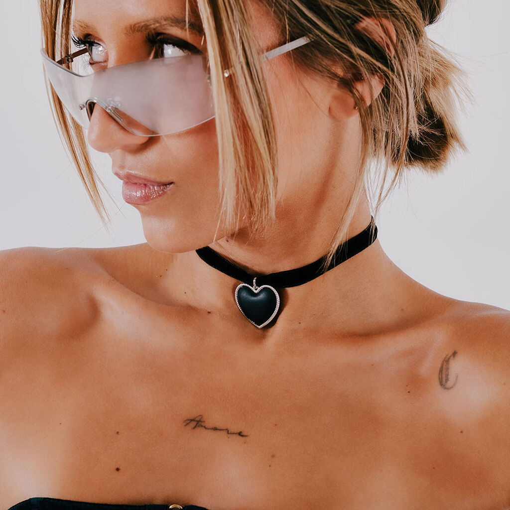 Collier Ras De Cou Argent Blanc Night Cœur Laque Noire