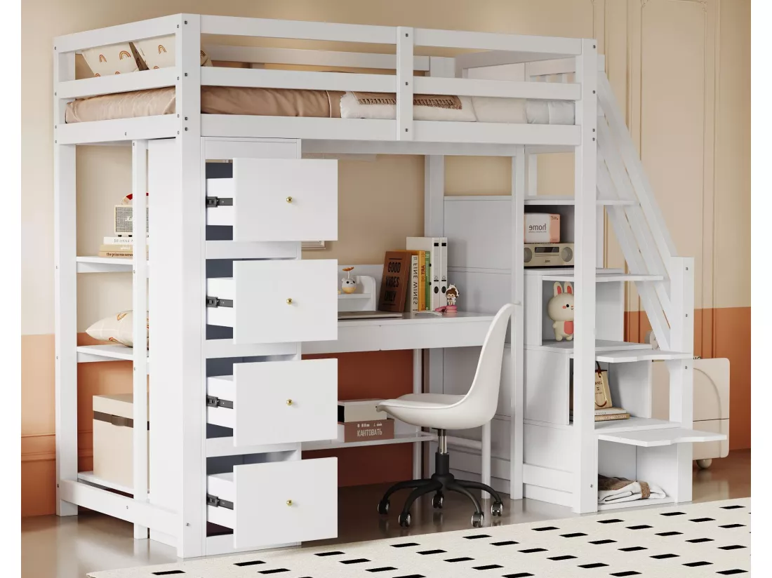 Lit mezzanine 90x200cm en bois massif - avec 4 tiroirs et escalier de rangement - Blanc (matelas non inclus)