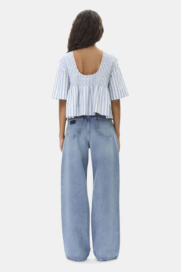 Ganni Stripe Cotton Open Back Smock Blous Egret