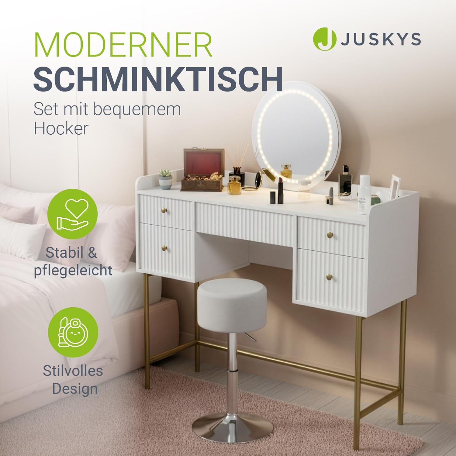 Juskys Schminktisch Samira mit Hocker Tonia & Touch-LED-Spiegel, 5 Schubladen, viel Stauraum, modernes Design, kompakt & pflegeleicht für Make-up – Weiß/Gold