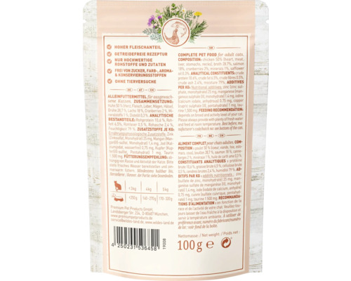 WILDES LAND natvoer voor katten, kip en zalm met veenbessen, met waardevolle superfoods, graanvrij, glutenvrij, 100 g