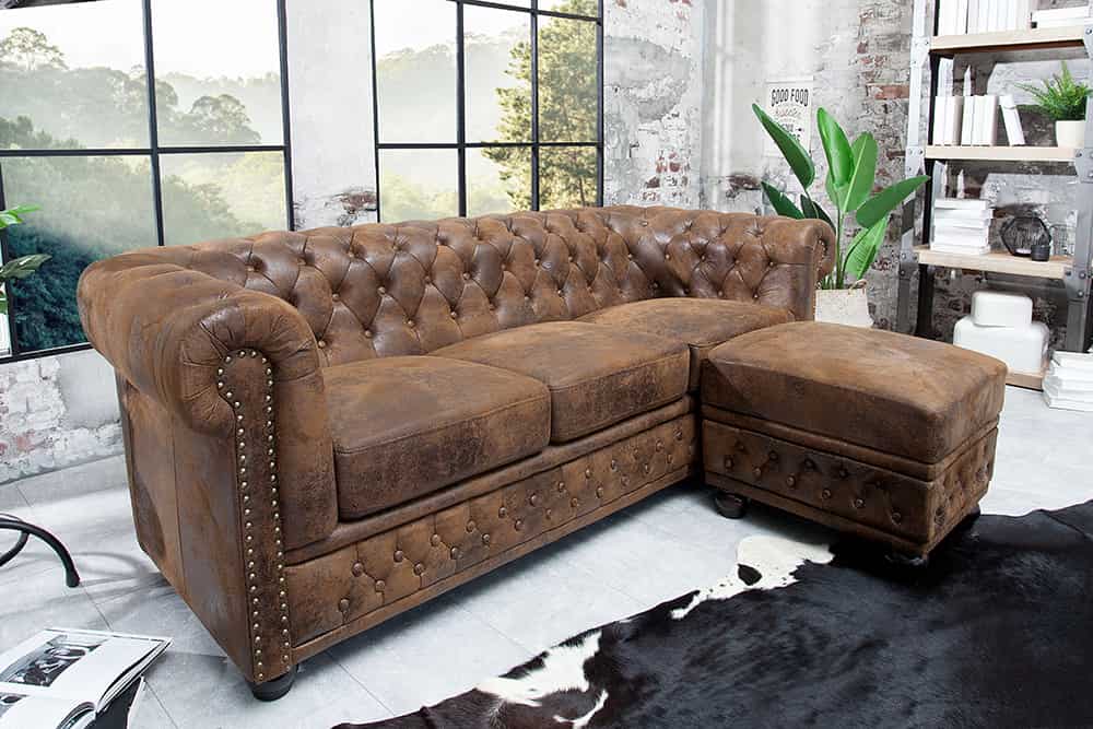 Chesterfield 3-Sitzer Sofa 205cm antik braun Microfaser Federkern Knopfheftung