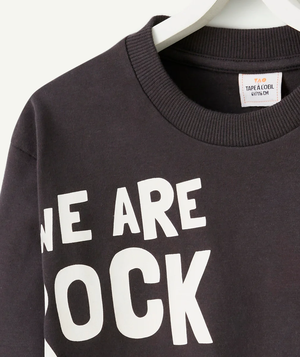 T-SHIRT GARÇON EN COTON BIO GRIS FONCÉ AVEC MESSAGES THÈME ROCK