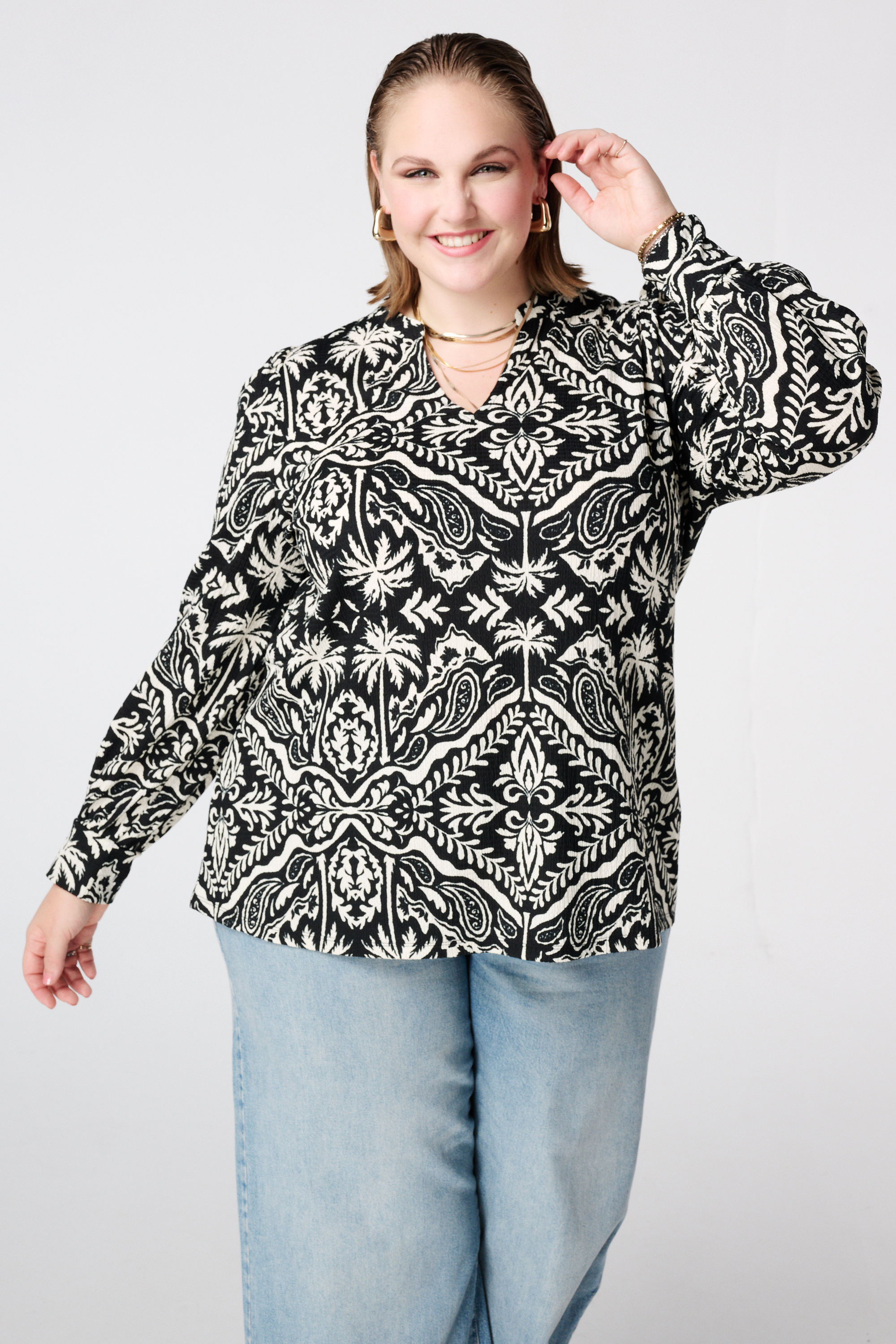 Top met sierlijke print Multi zwart-wit