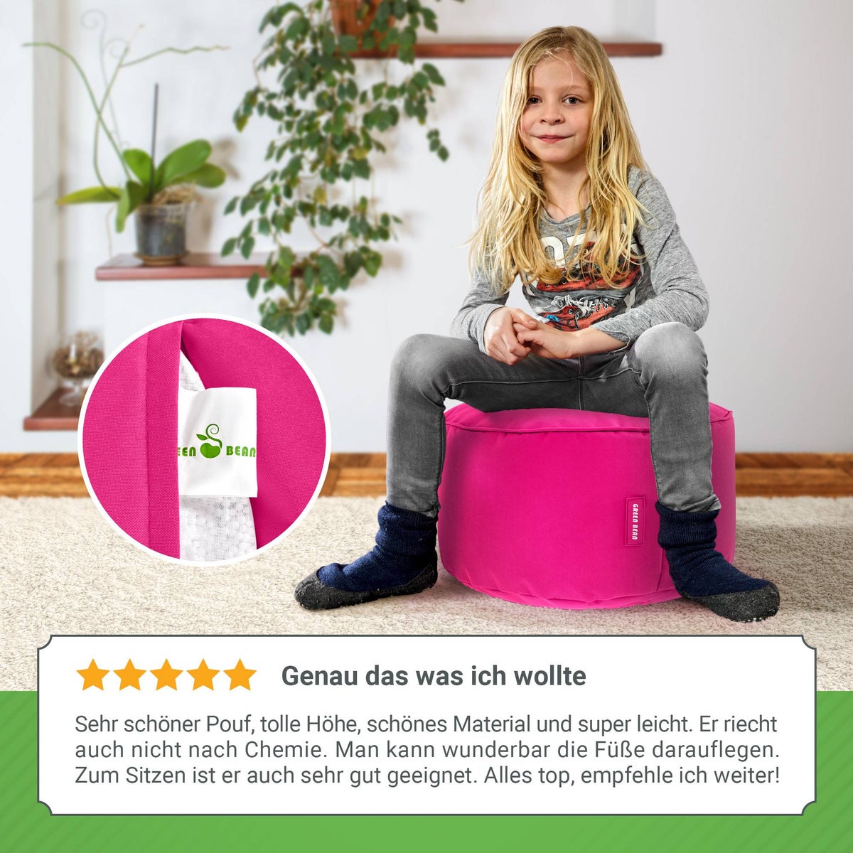 Groene Bonen Zitzak Kruk 45x25cm met EPS-korrelvulling - Voetenbank Voetkussen Zitpoef voor Zitzakken - Vloerkussen voor Kinderen en Volwassenen - Voetsteun Zitkussen Zitkruk Roze