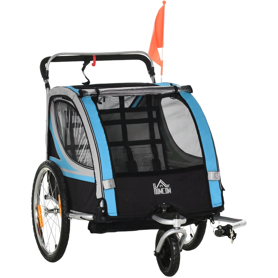 HOMCOM Kinderfahrradanhänger mit Aufbewahrungstasche blau, grau, schwarz, silber