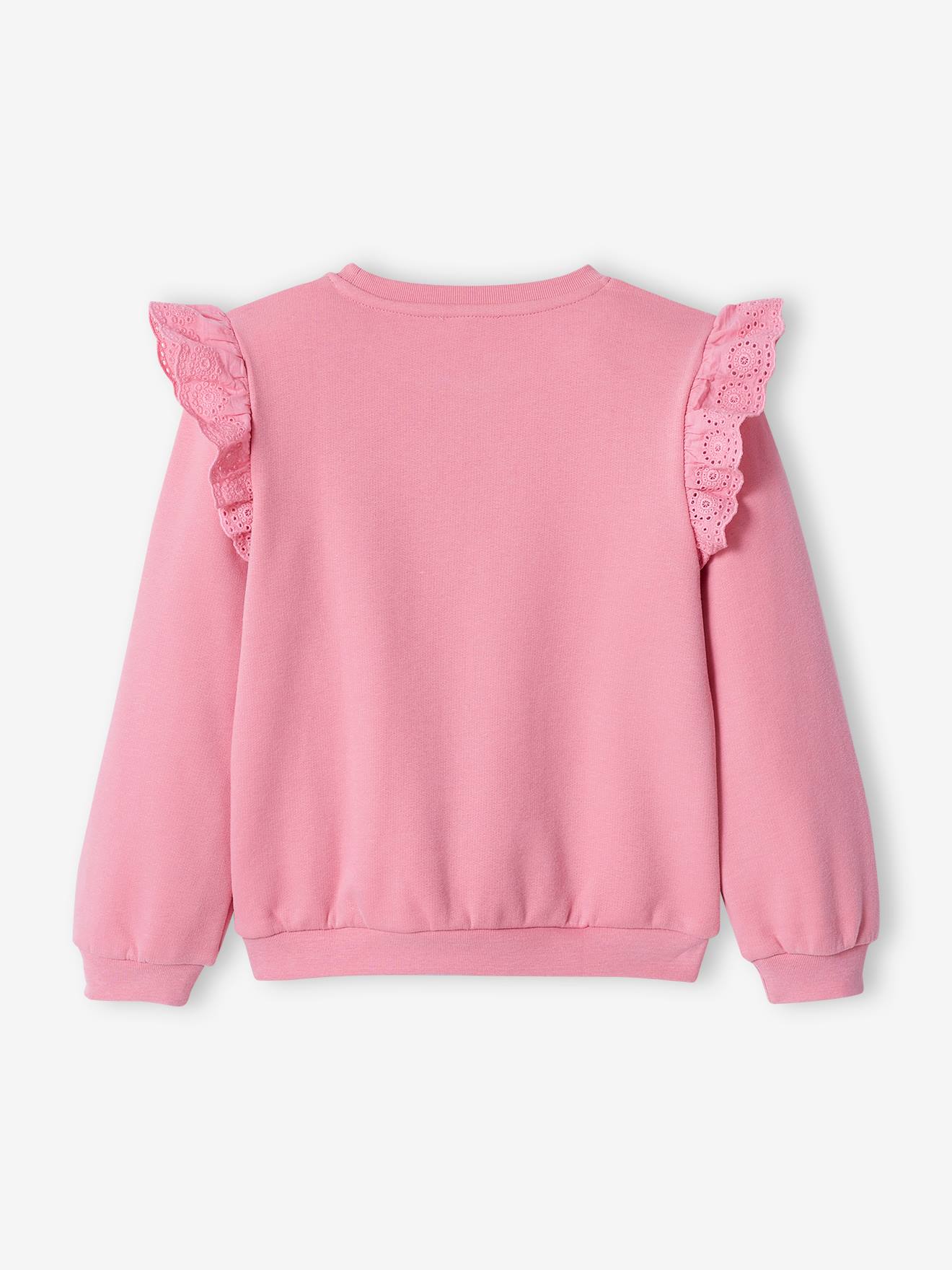 Blusa de moletom rosa chiclete com estampa floral flocada e babado bordado para meninas.