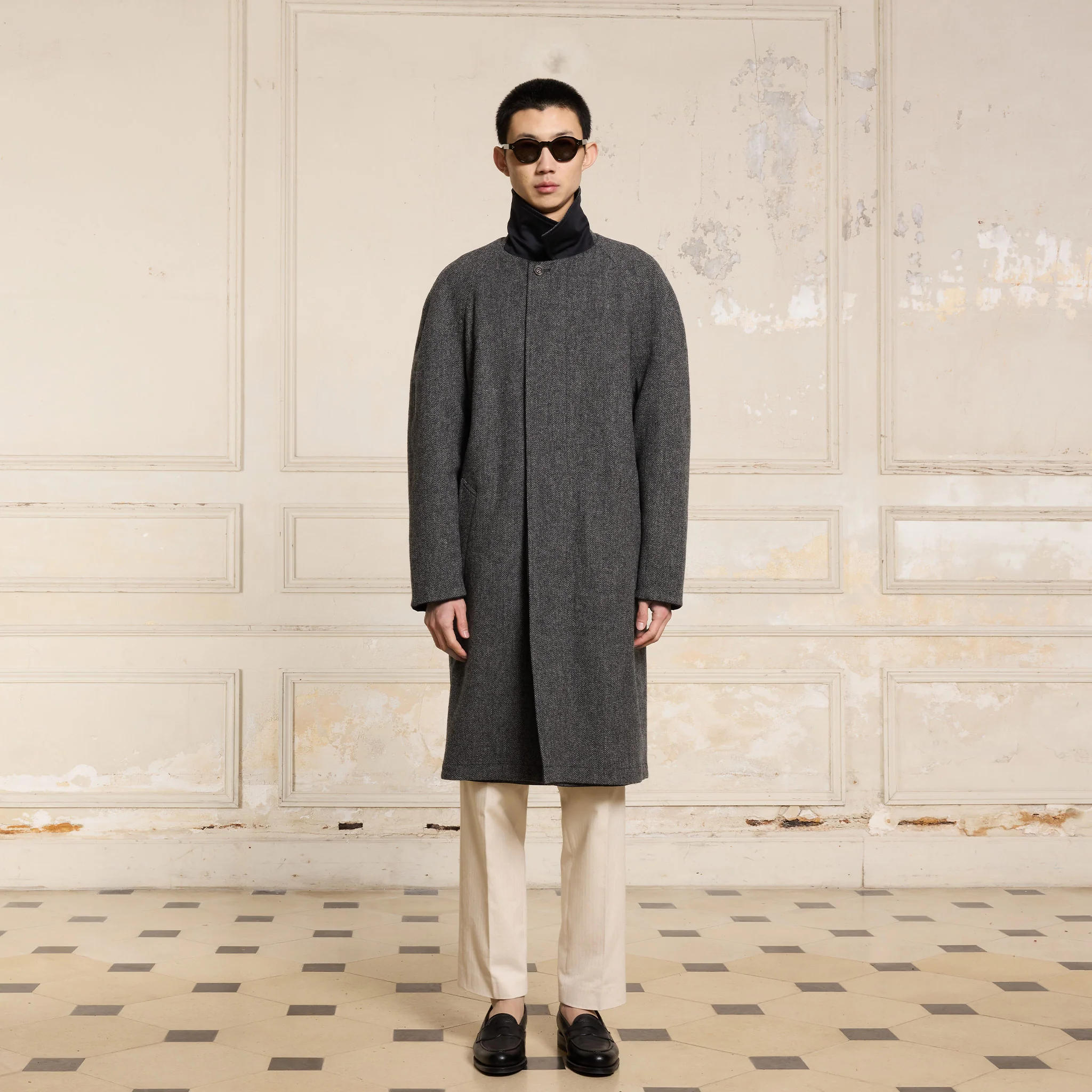 Reversible mac in water-repellent cotton and navy wool