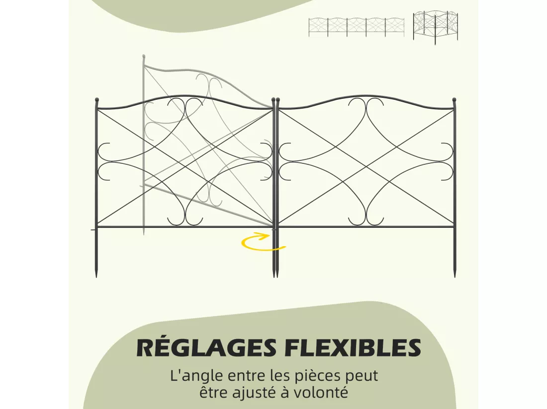 Lot de 5 clôtures de jardin décoratives en métal avec ornements - dim. totales 305L x 62H cm - noir