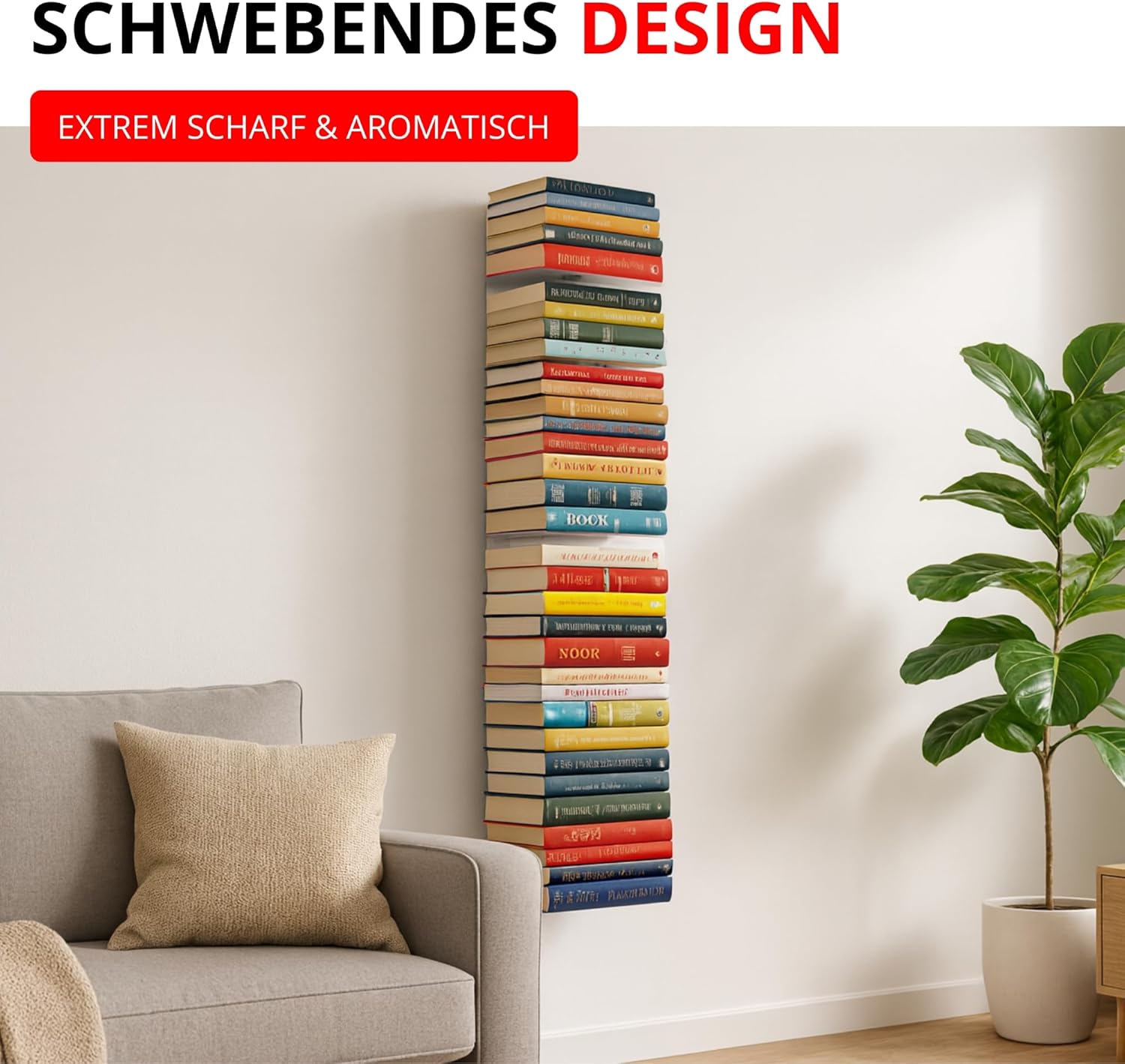 Radius Booksbaum 2 Wand groß Schwarz – Bücherregal aus pulverbeschichtetem Stahl, 15 x 170 x 15,5 cm für ca. 130 Bücher, Tragkraft 6,5 kg je Boden, modernes Wandregal (725A)