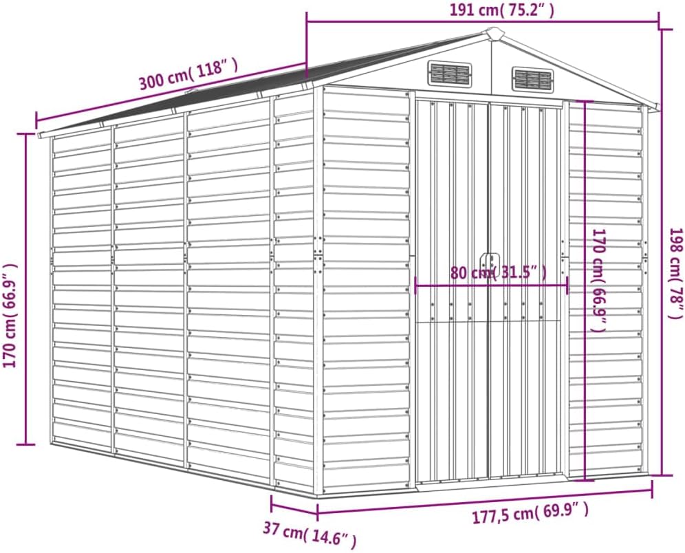 vidaXL Gerätehaus Anthrazit 191x300x198 cm Verzinkter Stahl