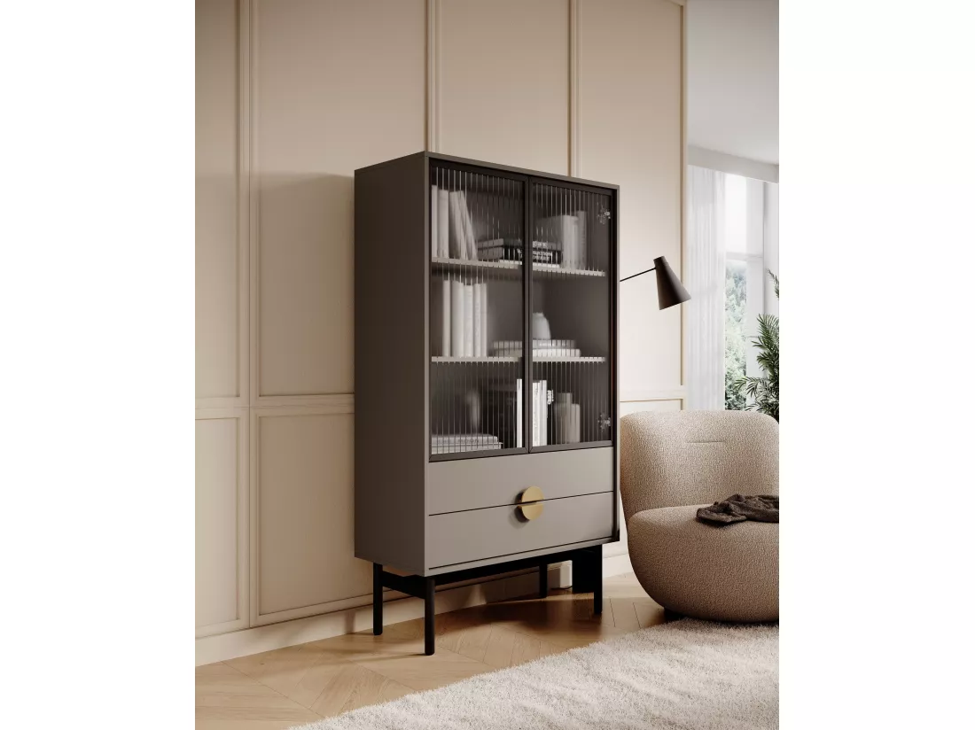 Vitrine basse - 85 cm - avec trois étagères et tiroirs - gris pierre - STOON