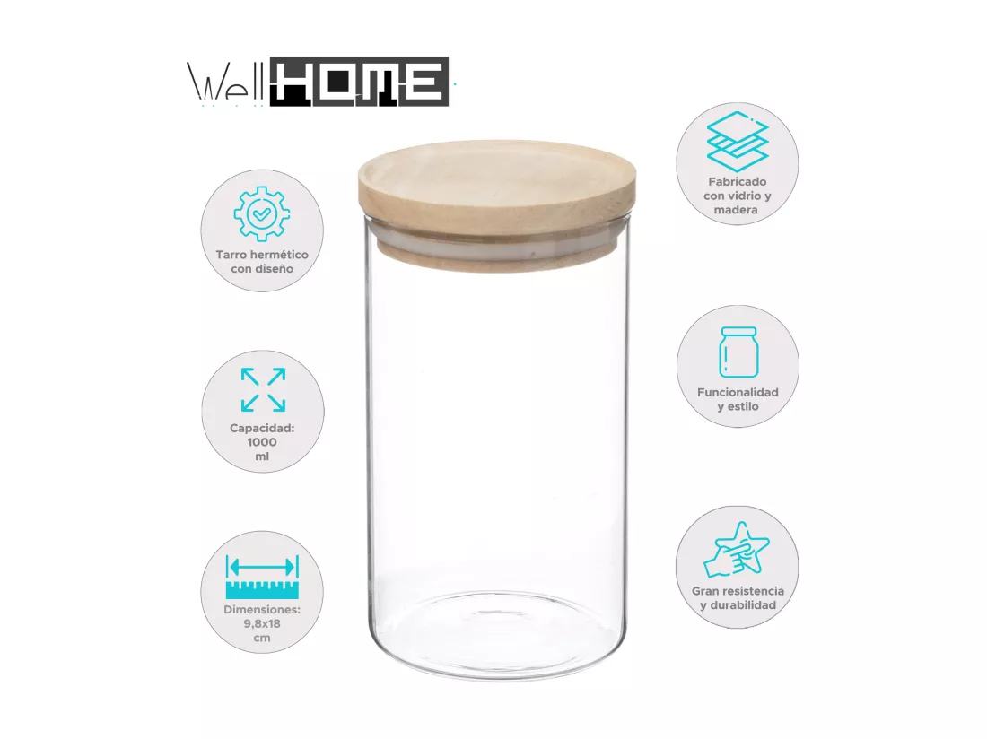 WELL HOME - Pot en verre et bois, fermeture hermétique 1L