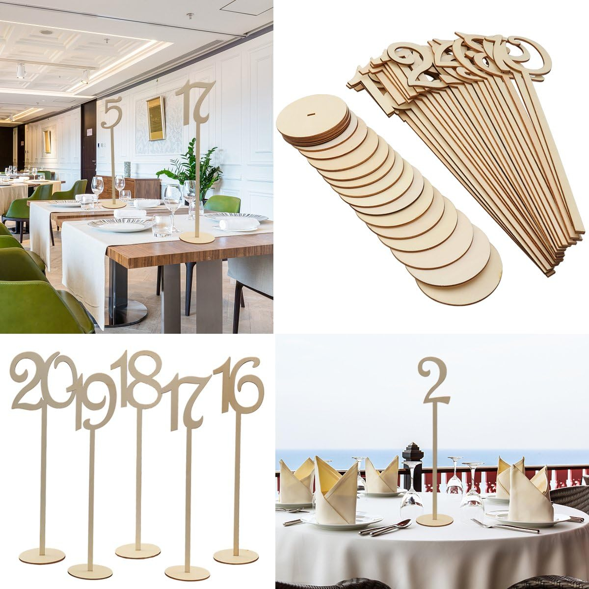 (20er Set) 34x8cm Holz Tischnummern Deko Zahlen Tisch Schilder für Hochzeit / Geburtstage - Braun