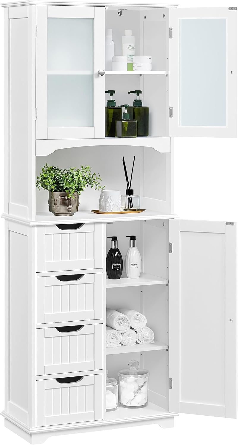 Yaheetech Badezimmerschrank Hochschrank Badschrank Küchenschrank mit Glastüren & Ablagefach Aufbewahrungsschrank Badkommode mit 4 Schubladen und verstellbarem Einlegeboden, 63x30x165,5 cm