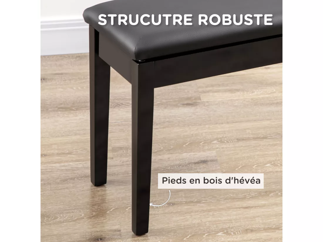Banquette tabouret siège pour piano avec coffre de rangement pied bois hévéa revêtement synthétique noir