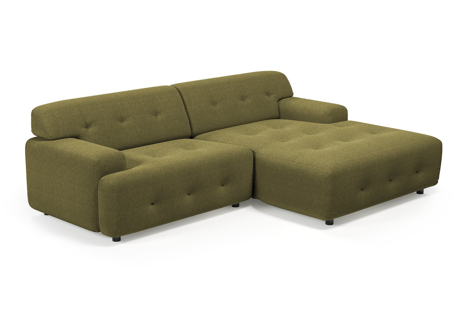 Bob sofa 1,5-seter med sjeselong høyre. Tekstil Mito 88 Moss Green med sorte ben.