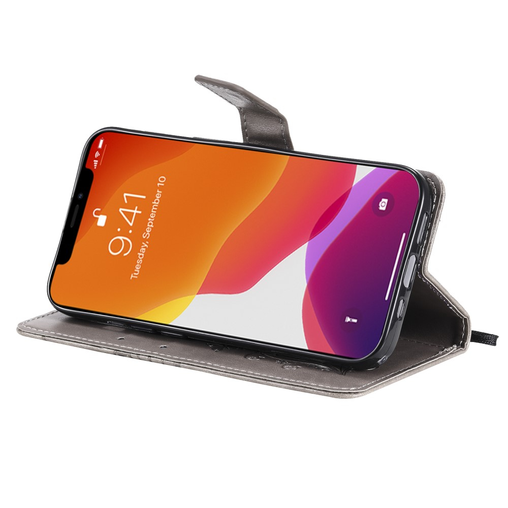 iPhone 13 Leder Tasche mit Kartenfach   Handschlaufe Schmetterling - Grau
