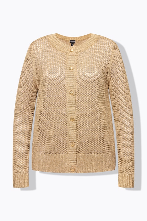 Strickjacke, goldener Ajourstrick, Rundhals, Knopfleiste
