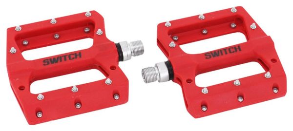 PEDALE VTT DESCENTE - BMX SWITCH JUMP ROUGE RESINE FILETAGE 9-16 AVEC PICOTS ARGENT (PAIRE)