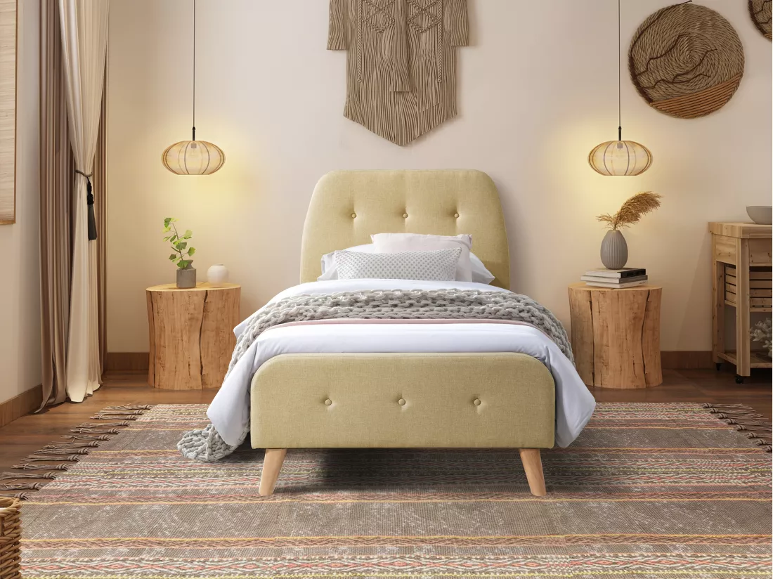 Lit 90 x 190 cm avec tête de lit capitonnée - Tissu - Beige + Matelas - ROMEO