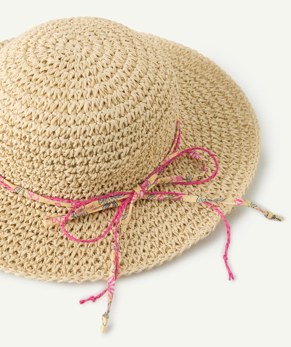 chapeau de paille fille avec cordon en tissus rose fleuri