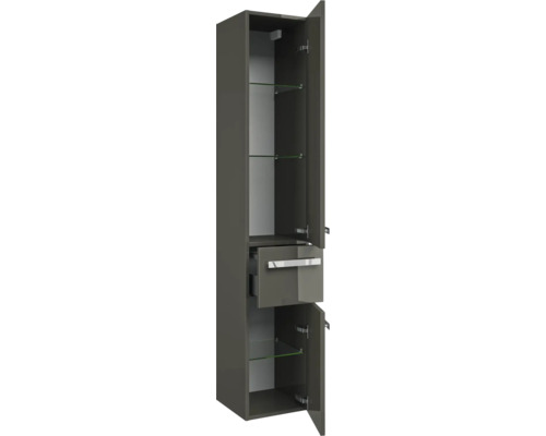 Badkamermeubelset Pelipal serie 4005, afmetingen (B x H x D): 212 x 200 x 49,1 cm, fronten in hoogglans grijs. 5-delige badkamermeubelset bestaande uit een witte glazen wastafel, spiegelkast met ledverlichting, wastafelmeubel, hoge kast, hangkast en