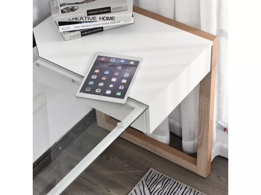 Bureau Informatique Table de Travail Ordinateur avec Grand Plateau en Verre Trempé et Tiroir Intégré Idéal pour Bureau Chambre 120 x 60 x 75 cm Blanc et Bois