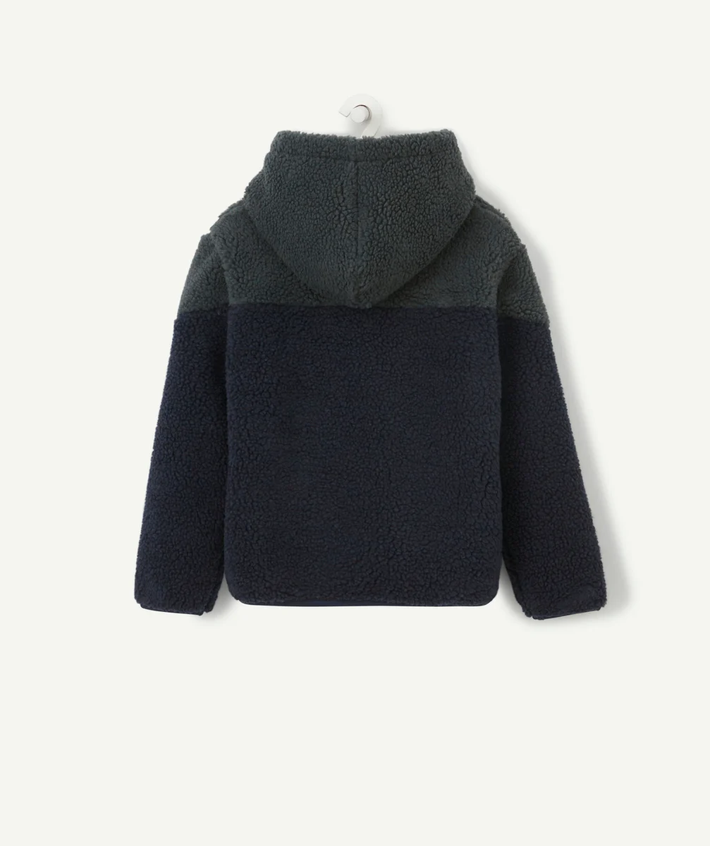 SWEAT À CAPUCHE EN SHERPA BLEU MARINE ET VERT GARÇON