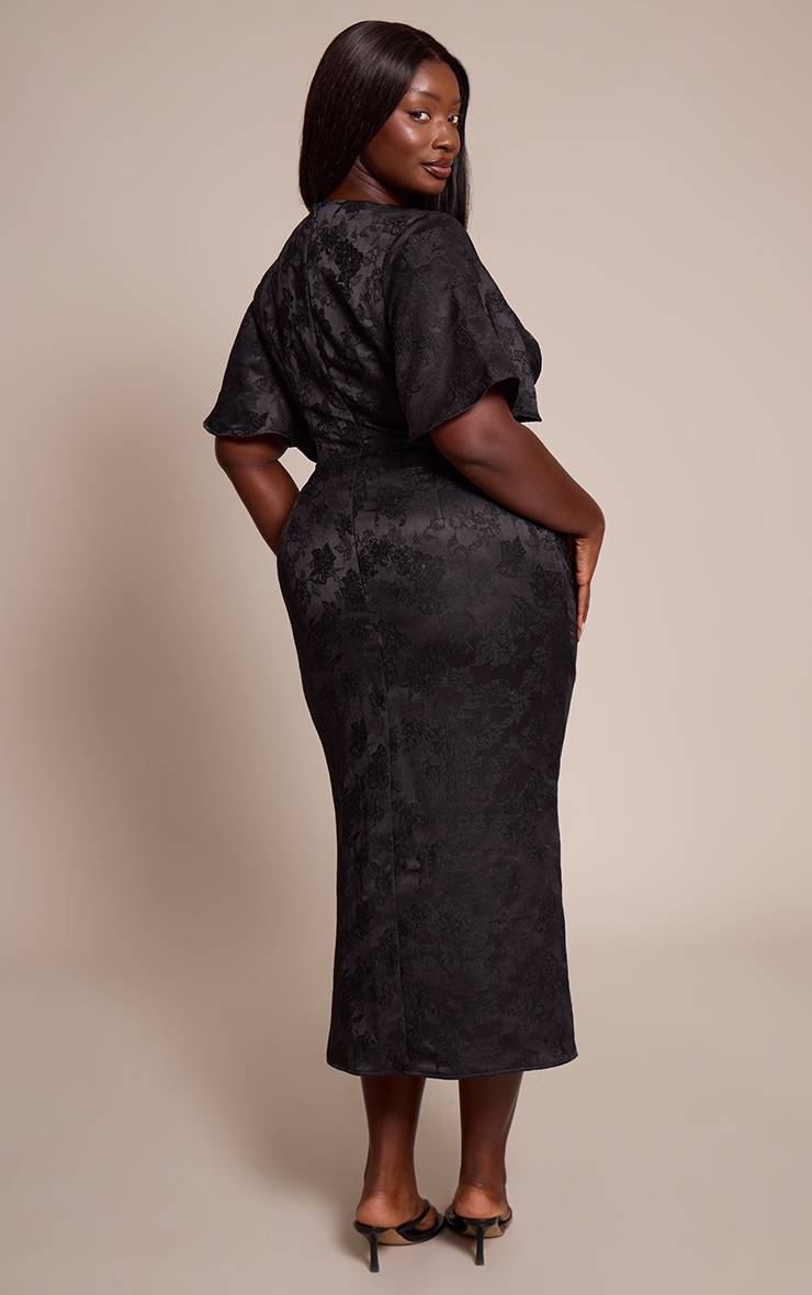 Noir Robe Maxi Grande Taille À Jacquard Floral Manches Bouffantes Et Décolleté Plongeant
