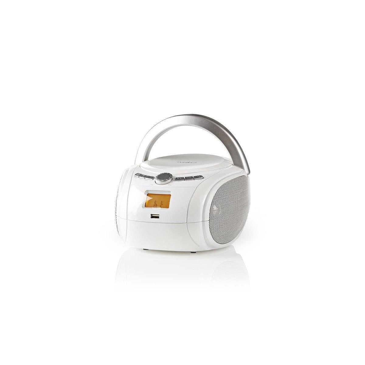Nedis CD-spiller Boombox | Batteri drevet / Nettstrøm drevet | Stereo | 9 W | Bluetooth® | FM | USB-avspilling | Bære håndtak | Hvit