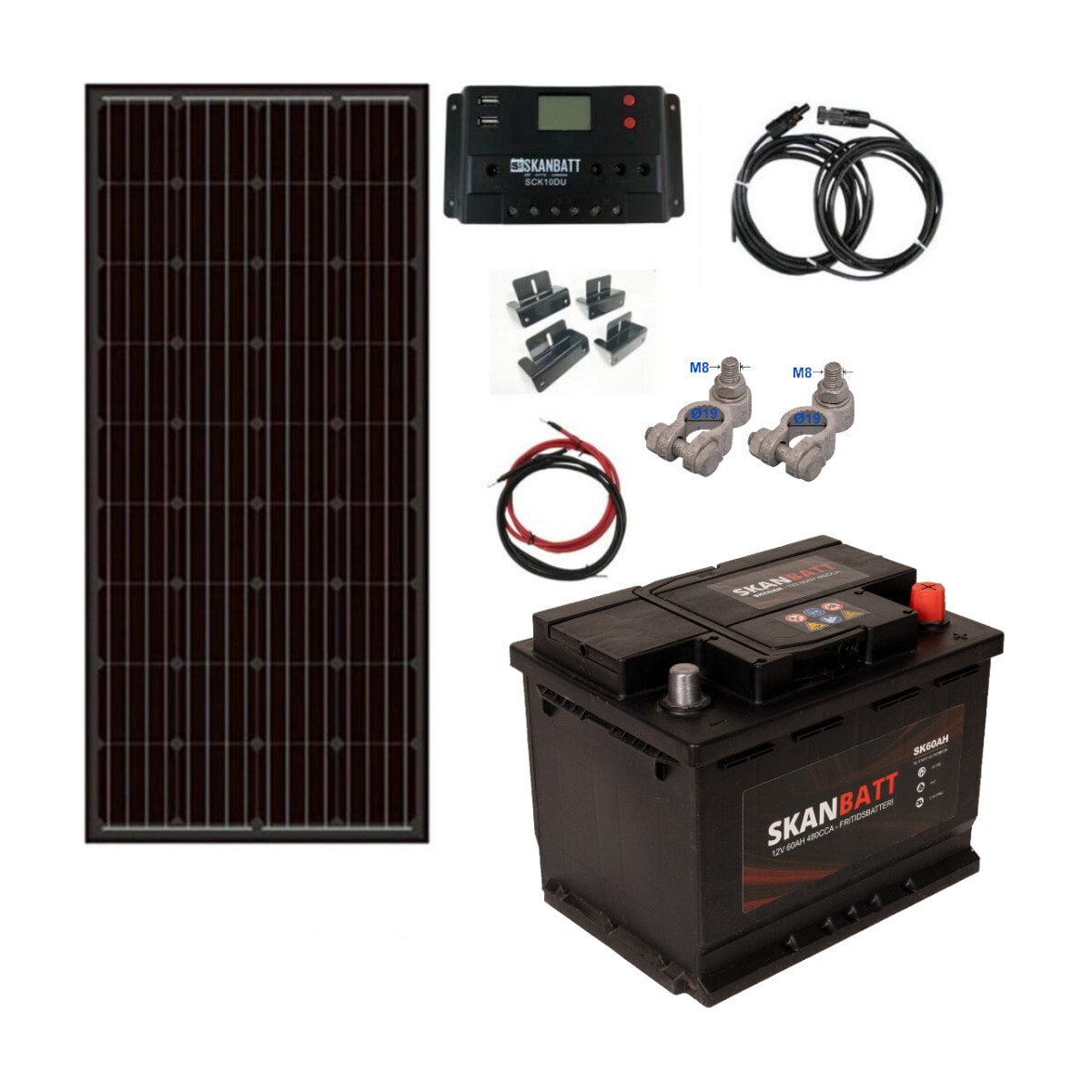 SKANBATT Solcellepakke HYTTE komplett - Mini - 12V - 80W - 60Ah fritidsbatteri