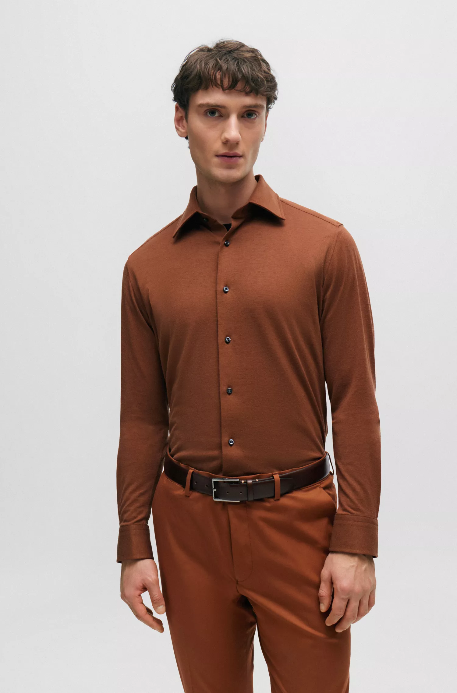 Camisa BOSS Camel de corte regular em malha de algodão misto