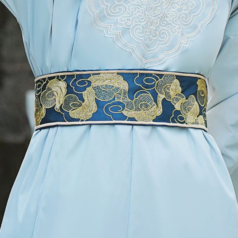 Tangier - Effen Hanfu-top met lange mouwen / Losse broek / Geborduurde gewaad / Sjerp / Polsmanchet / Set