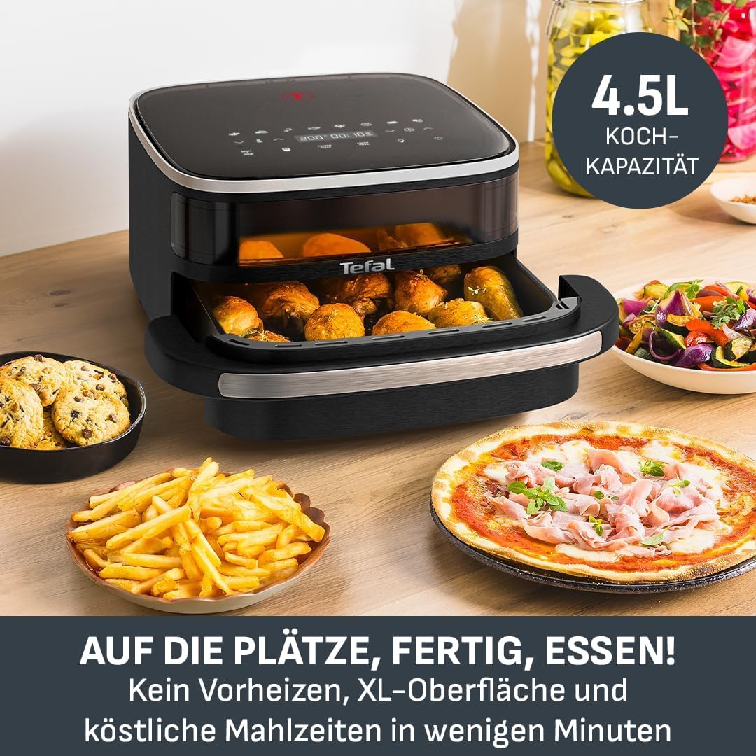 Tefal Easy Fry XL Surface Heißluftfritteuse – Airfryer mit Sichtfenster & XL-Garfläche (bis 1 kg), digitales Bedienfeld, Extra-Crisp, energieeffizient & schnell, antihaft, kompakt, Pizza Ofen FW4018