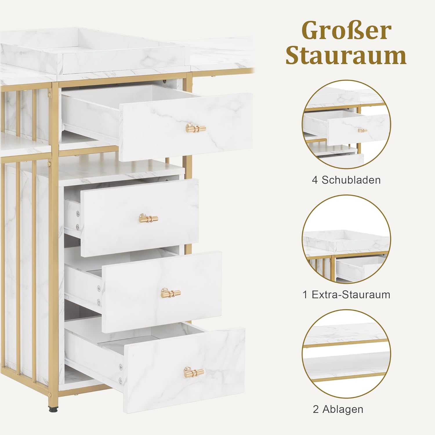 M MCombo Doppelnageltisch mit Schubladen, Schreibtisch mit Regal, Manikürtisch, Schminktisch ohne Spiegel Wohnzimmer Modern, Marmor-Weiß Gold, 50 x 200 x 86cm, 2413