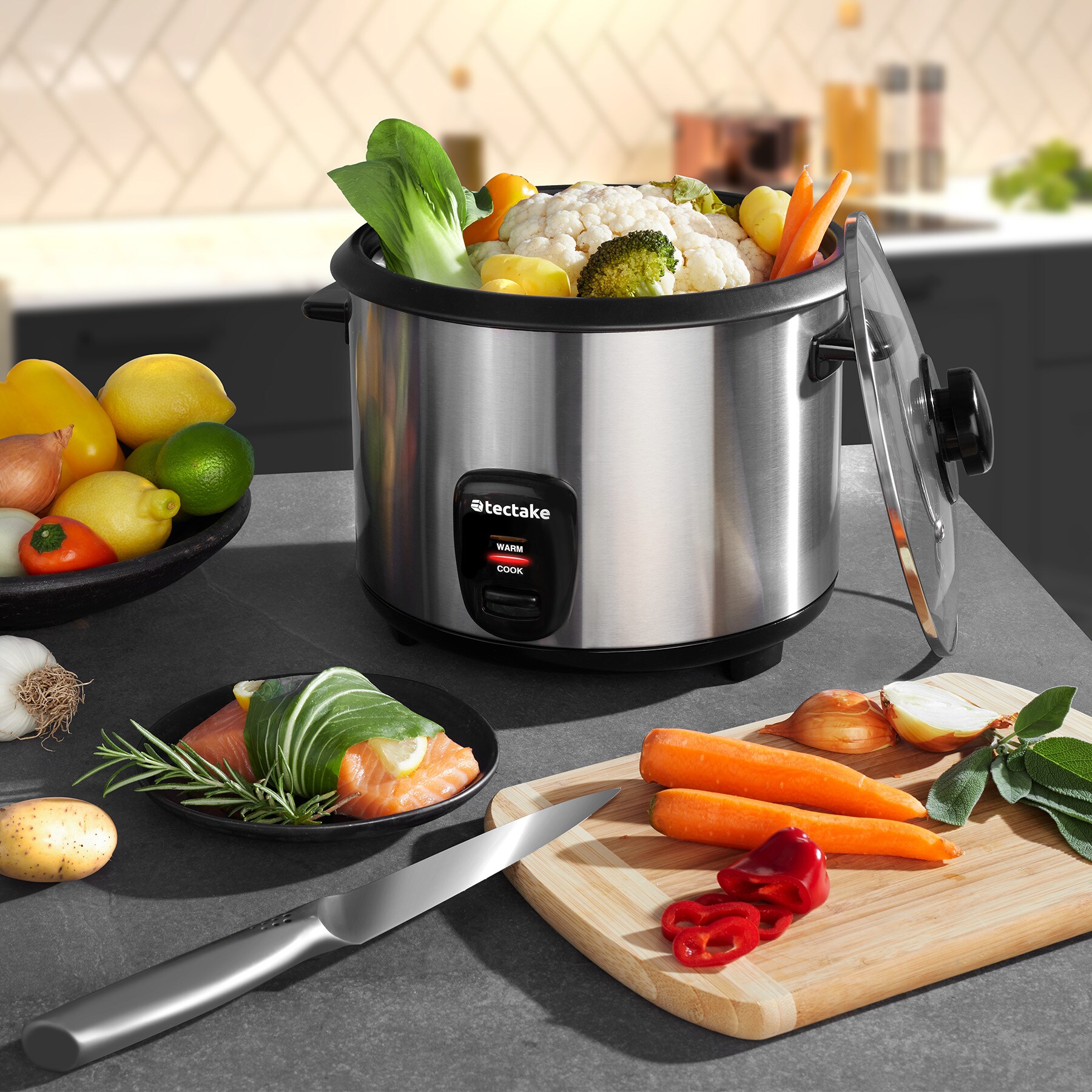 tectake® Reiskocher, 1,8 l, für 10 Portionen, Warmhaltefunktion, hitzebeständige Griffe, 31 x 27,5 x 25,5 cm