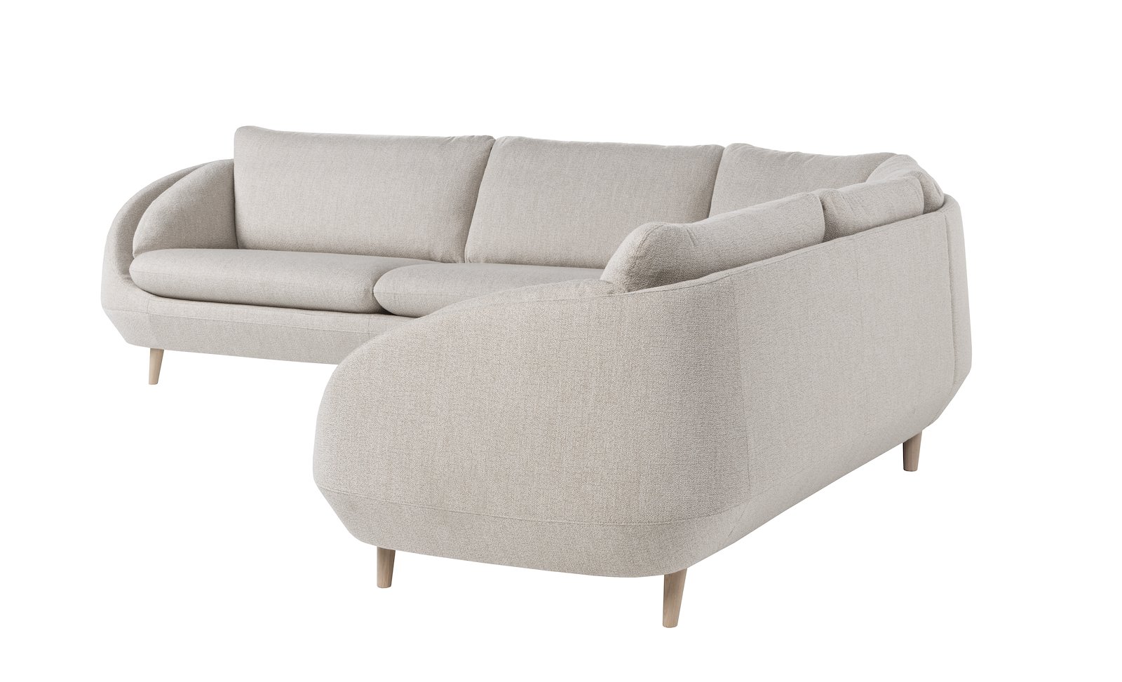 Ross hjørnesofa 3,5/3 hjørnesofa. Tekstil Mosso Kitt med hvitpigmenterte ben 516