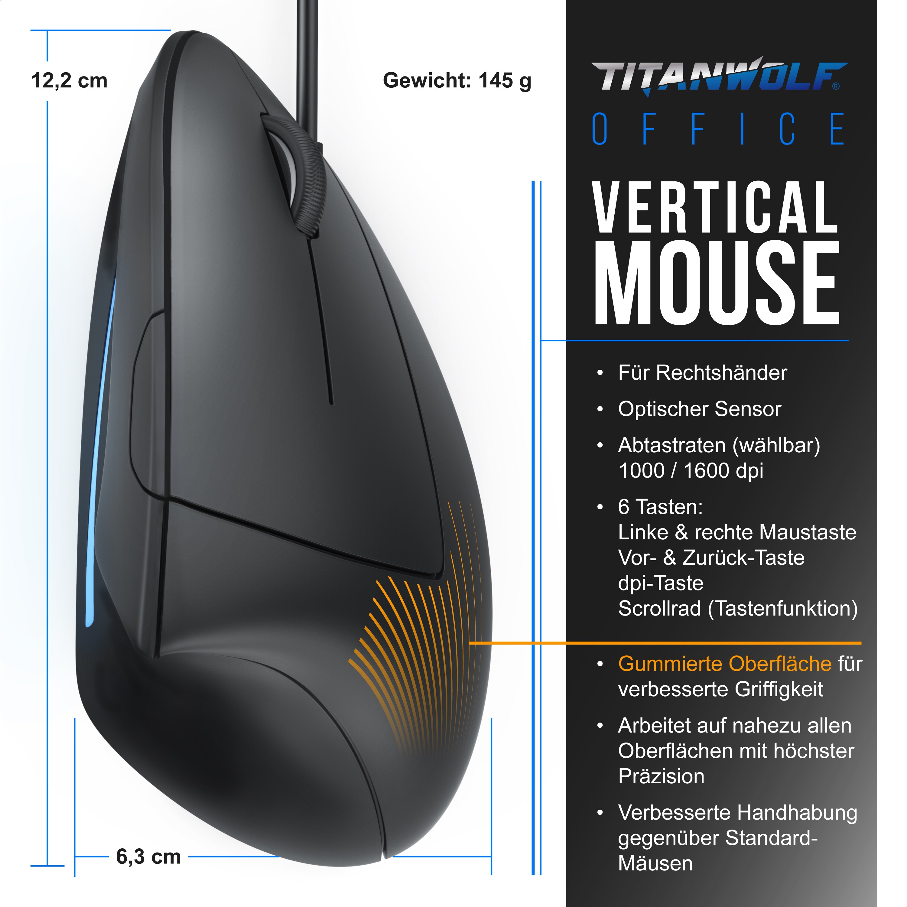 TITANWOLF - Vertikale Ergonomische Optische Maus, Vorbeugung Gegen Mausarm/Tennisarm (RSI Syndrom), 1000/1600 DPI, kompatibel mit Windows und Mac