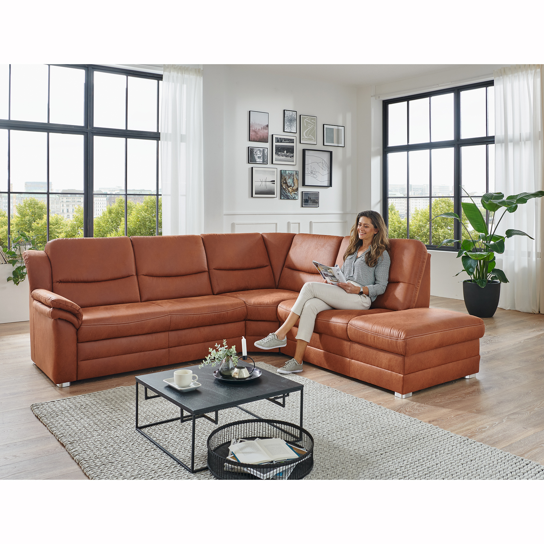 polsterpower Ecksofa - braun - Basismodell - Anstellhocker rechts