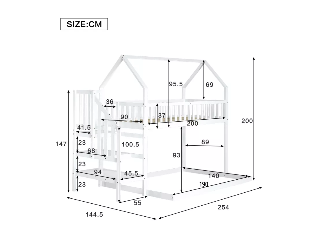 Lit superposé avec escalier et barrières anti-chutes - 90x200 cm - en bois massif - Blanc