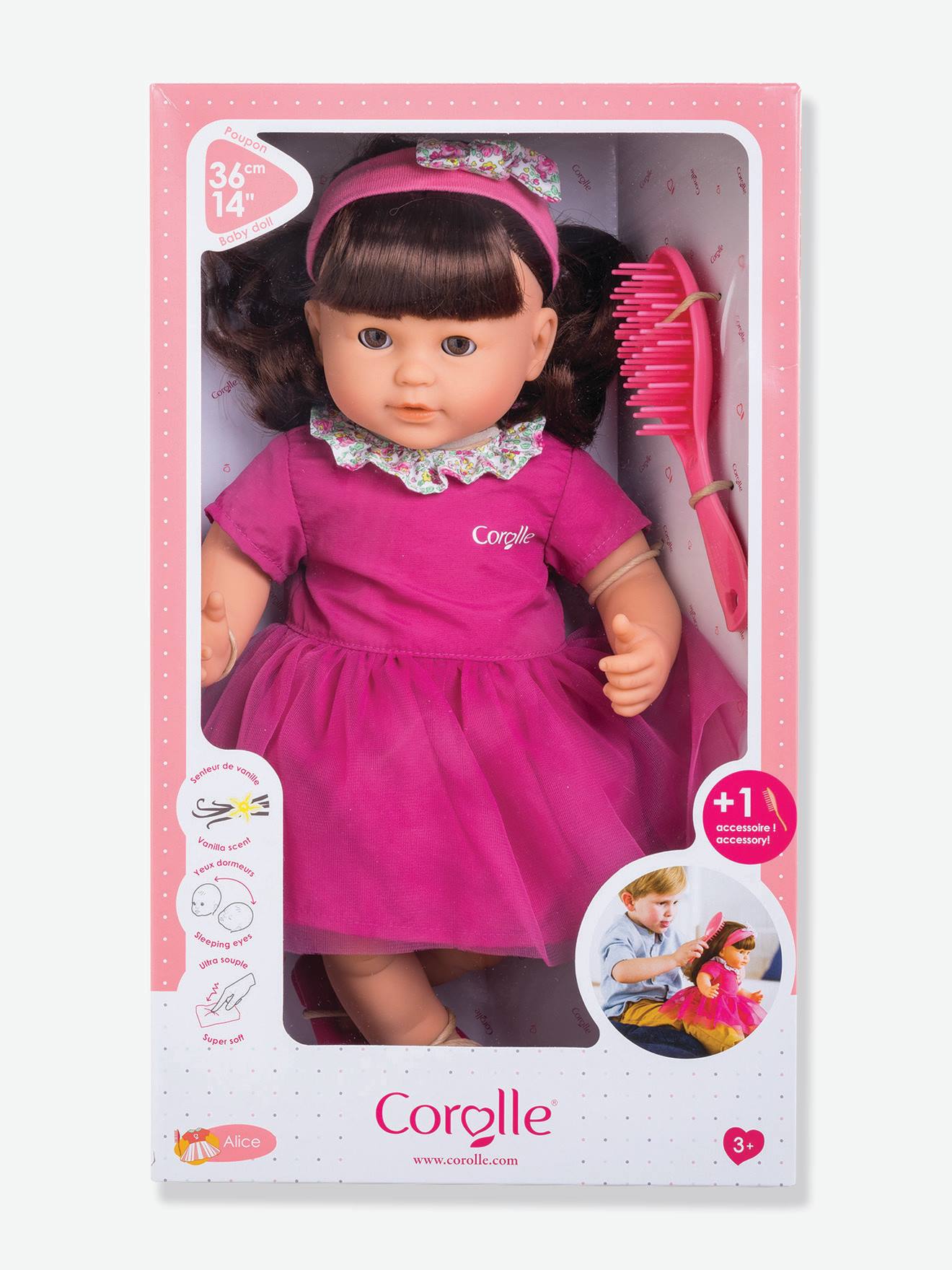 Boneca Alice grande + escova COROLLE rosa chiclete