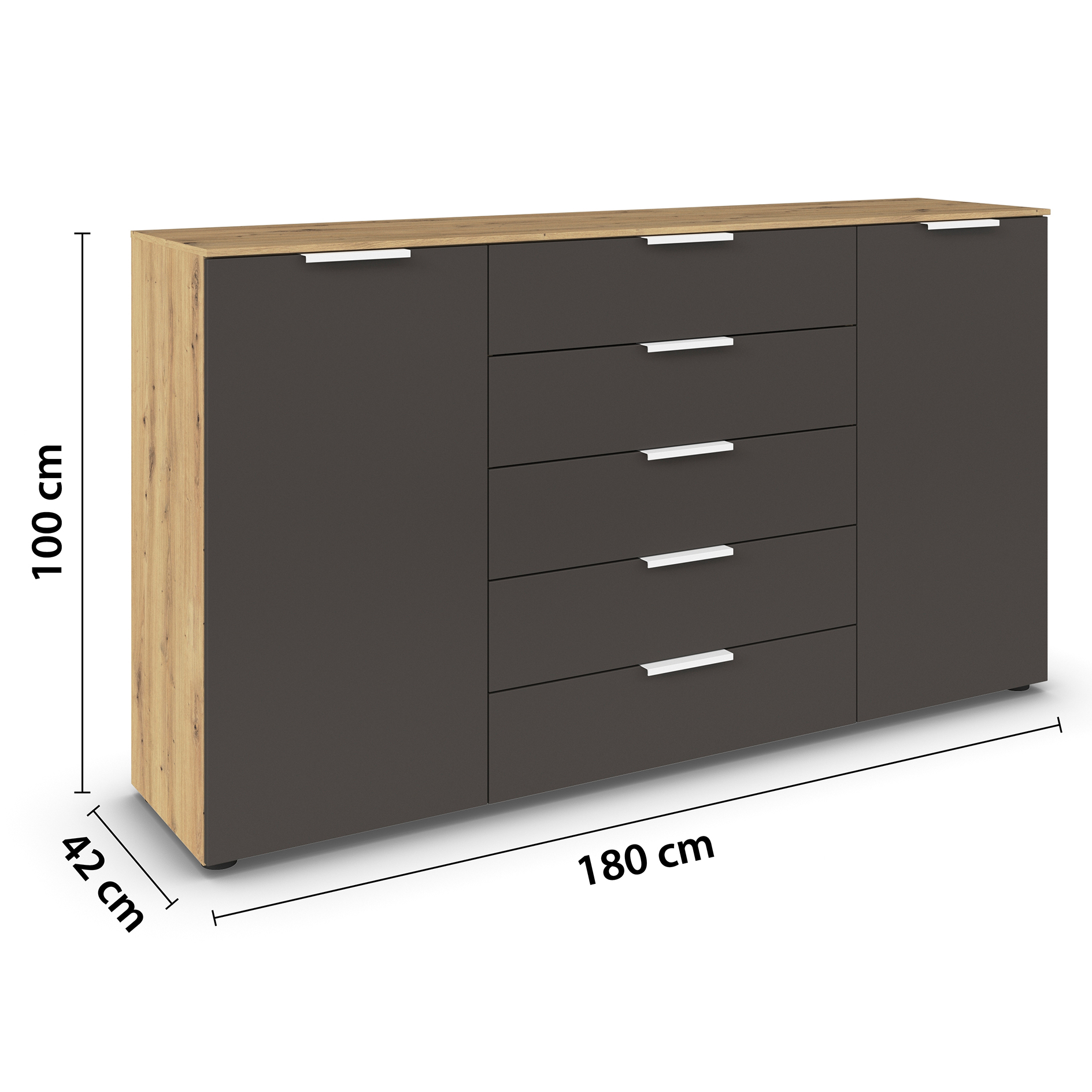 Kommode - Artisan Eiche-graphit - weiße Griffe - 180 cm