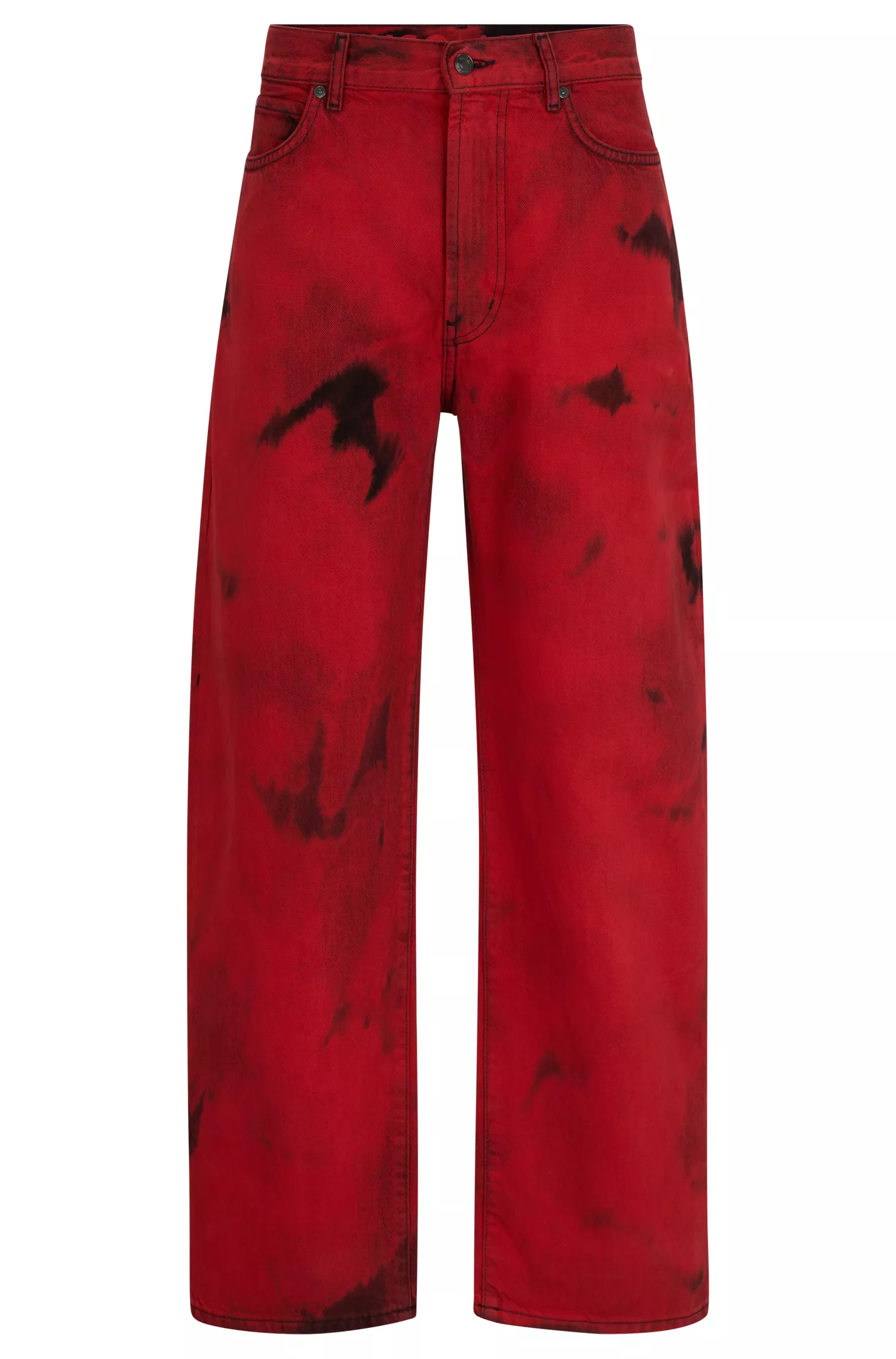 Calça jeans HUGO vermelha, corte regular, em denim rígido com efeito degradê.