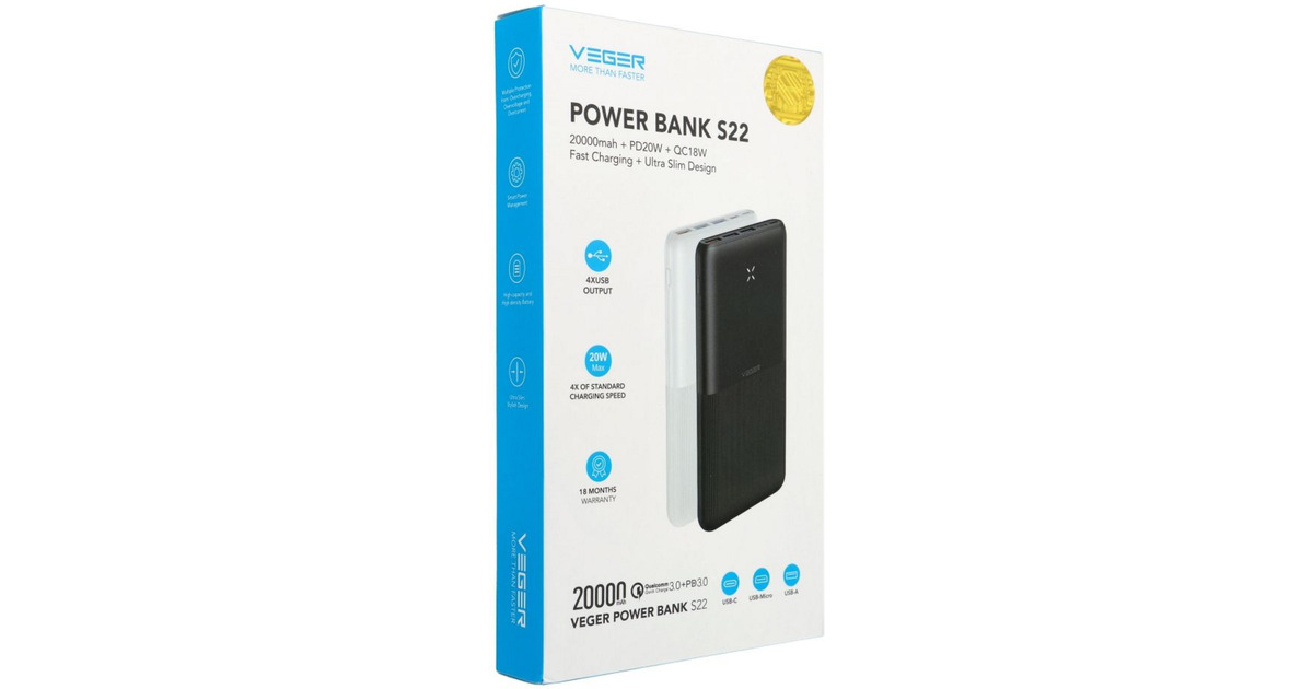 VEGERS22 ultra slim powerbank 20.000 mAh  (Zwart)