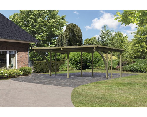Dubbele carport Karibu Eco 1C van PVC-panelen met 2 inrijbogen, zonder beslag, 527x387 cm, drukgeïmpregneerd