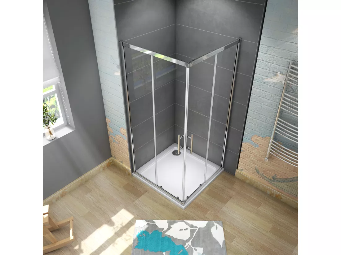 AICA Cabine de douche 80x80x185cm accès d'angle - Chromée , porte de douche coulissante, en 6mm verre anticalcaire, cabine de douche noire