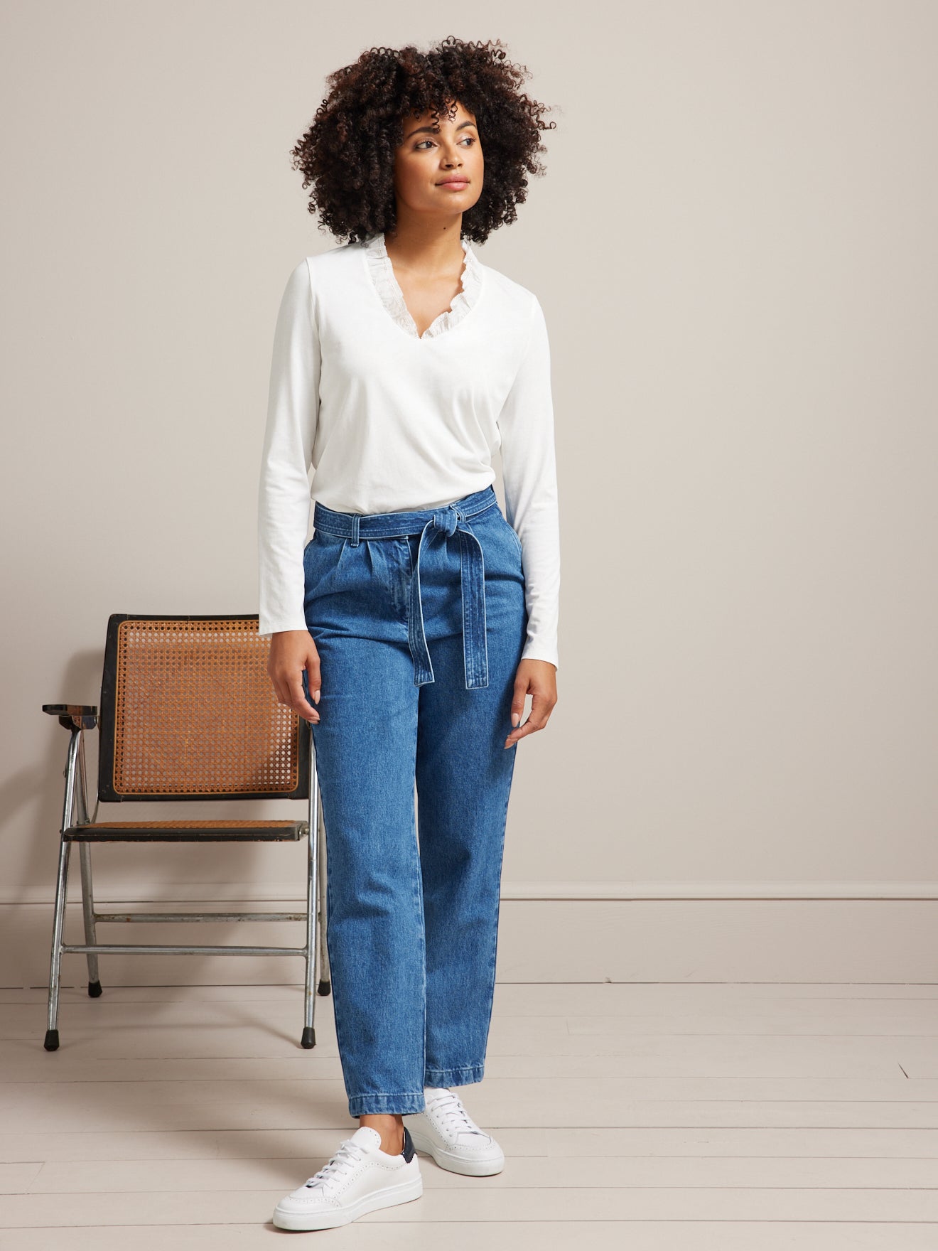T-shirt col brodé femme coton et modal
