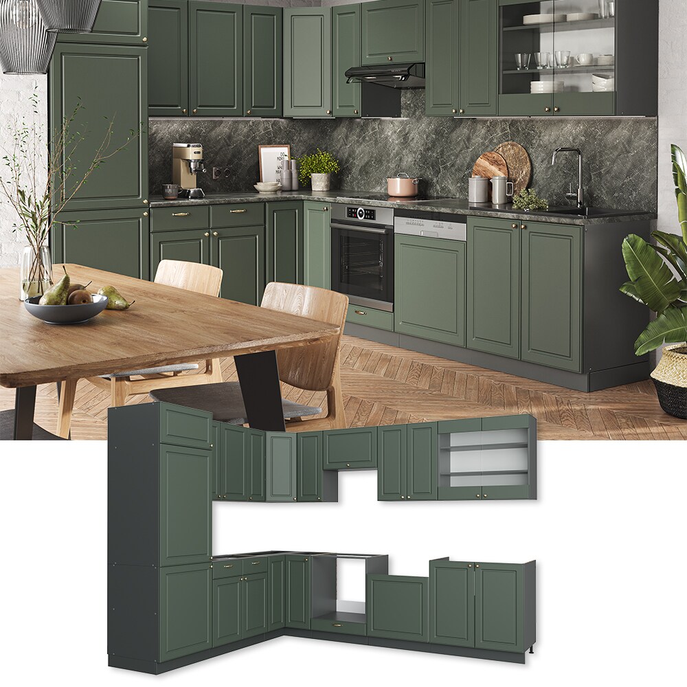 Vicco Eckküche Küchenzeile Einbauküche Fame-Line Landhaus Anthrazit Grün Gold227x287 cm Spülenunterschrank Schubunterschrank Eckunterschrank Herdumbauschrank Hängeschrank Kühlumbauschrank