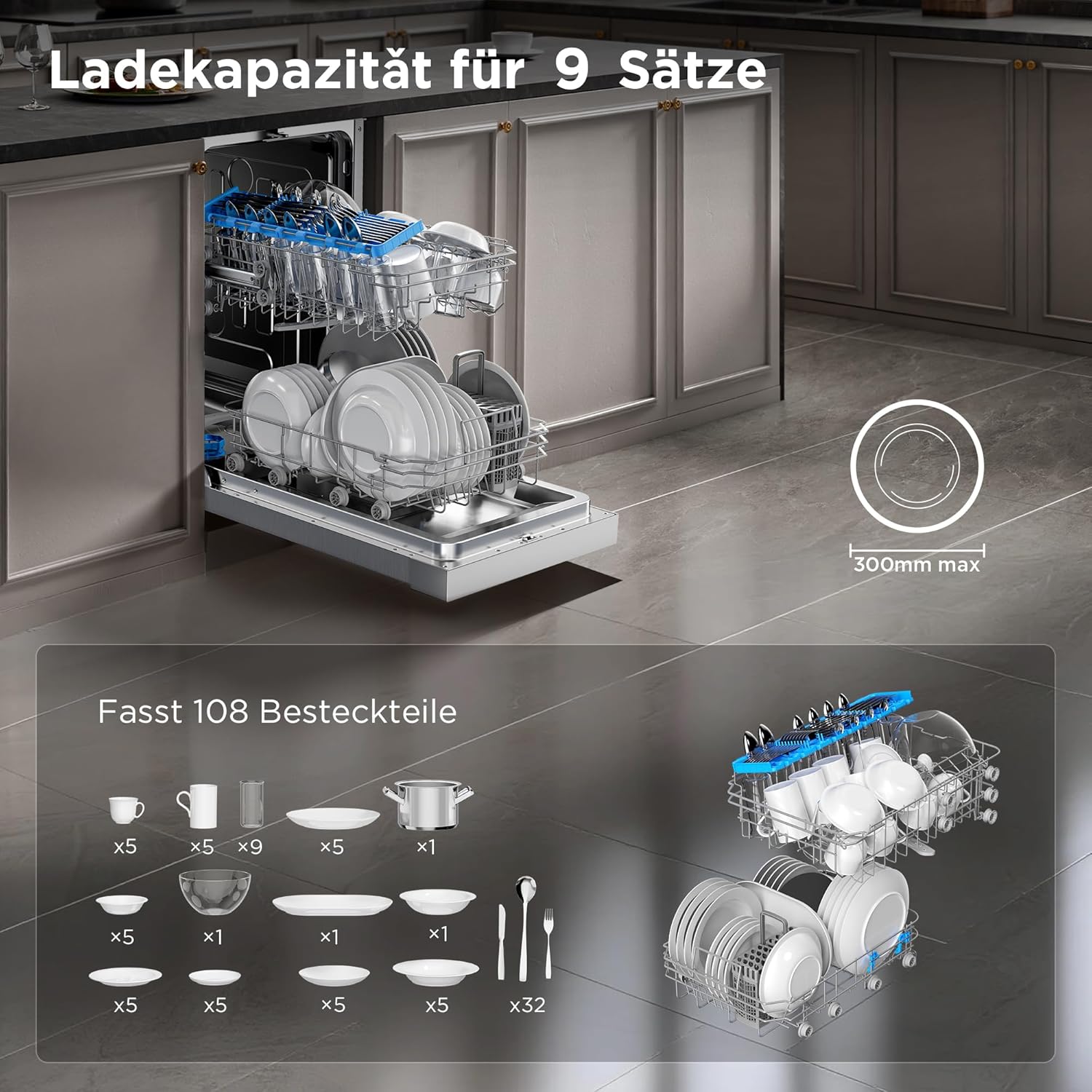 Midea SF 3.45N PRO Geschirrspüler, freistehend und unterbaufähig, 9 Maßgedecke, WLAN, 5 Spülprogramme, 47 dB, 3/6/9h Startzeitvorwahl, Inox, Silber